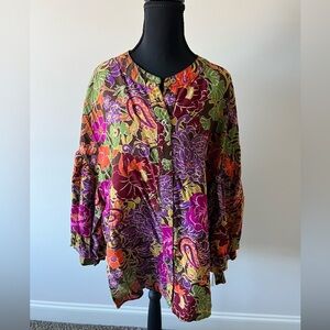 Fate Curve Colorful Floral Women's Button up Blouse with Puff Sleeves Size 1X